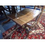 A GEORGE III STYLE MAHOGANY AND SATINWOOD CROSSBANDED DINING TABLE