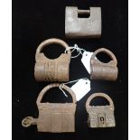 FIVE INDIAN IRON PADLOCKS