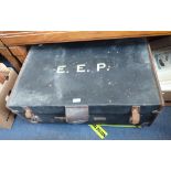 A VINTAGE LEATHER TRIMMED TRUNK