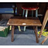 A 19TH CENTURY ELM COUNTRY MADE RECTANGULAR TOPPED STOOL