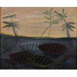 Moored boats, surreal oil on canvas laid onto board, bearing a monogram DW, details verso, framed,