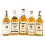 Five vintage bottles of Teachers Highland Cream whisky comprising three 75cl bottles and a litre