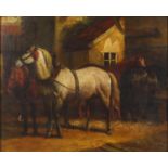 Horses in a stable, 19th century oil on panel, bearing an indistinct signature, framed, 26.5cm x