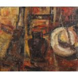 Manner of William MacTaggat - Abstract composition still life, oil on canvas, framed, 55cm x