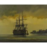 Dion Pears - Masted ship at anchor, signed oil on canvas, framed, 49.5cm x 39.5cm : For Further