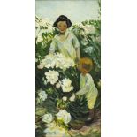 Attributed to Dorothea Sharp - Mother and child picking flowers, oil on board, label verso,