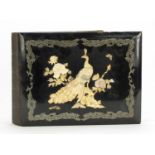 Oriental black lacquered photograph album having bone and mother of pearl inlay, 35cm x 27cm : For