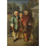 Ulysse - Three men in a garden, 19th century French school oil on board, mounted and framed, 24.