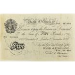 Bank of England white five pound note, serial number P15061480 : For Further Condition Reports