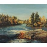 James Fowler - Canadian river scene, signed oil on board, inscribed verso, mounted and framed, 53.