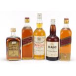 Five bottles of vintage whisky including Haig, Dewar's and two bottles of Johnny Walker Red
