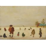 Figures playing on ice before a town and windmill, antique Flemish oil on wood panel unframed, 17.