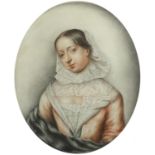 Top half portrait of a young female wearing a veil, 19th century oval mixed media, framed, 41cm x