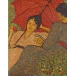 Ladies resting under a red parasol, post impressionist, oil on board, bearing a signature Henri