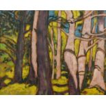 Surreal wood scene, oil on board, bearing a signature Lawren Harris, framed, 48cm x 38cm : For