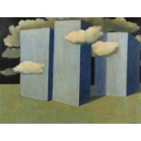 Manner of Rene Magritte - Surreal composition, oil on board, mounted and framed, 59cm x 44cm : For