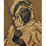 Portrait of an African warrior, oil on canvas laid onto board, bearing an indistinct signature