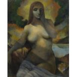 Portrait of a nude female, surreal oil onto board, bearing an indistinct signature, possibly John