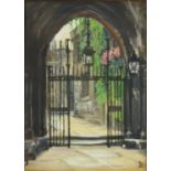 Abbey with wrought iron gate and lanterns, watercolour, initialled LB?, remains of paper label