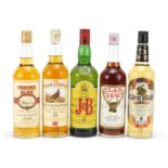 Five bottles of whisky comprising Clan Dew, Famous Grouse, Justerini and Brooks, Tartan Glen and