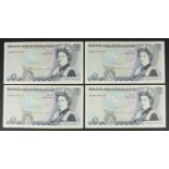 Four Bank of England five pound notes with errors and consecutive serial numbers, each missing the