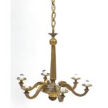 French Empire style gilt bronze/brass six branch chandelier, 75cm high excluding the chain : For