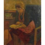 L Robinson - Female seating and reading in an interior, oil on canvas, framed, 53cm x 45cm : For