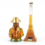 Two novelty bottles of Napoleon brandy in the form of The Eiffel Tower and Napoleon Bonaparte :