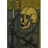 In the manner of Bernard Buffet - Abstract composition with skull, oil on board, stamp verso,