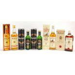 Five bottles of whisky including two 37.5cl bottles, comprising Ballantines, Bells, Famous Grouse