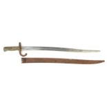 French mlitary interest long bayonet and scabbard, indistinct inscription to the blade, 71cm in