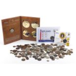 Antique and later coins including Winston Churchill commemorative coin set, first day coin cover and