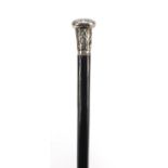 Ebonised walking stick with unmarked silver handle embossed with Chinese figures, 87cm in length :