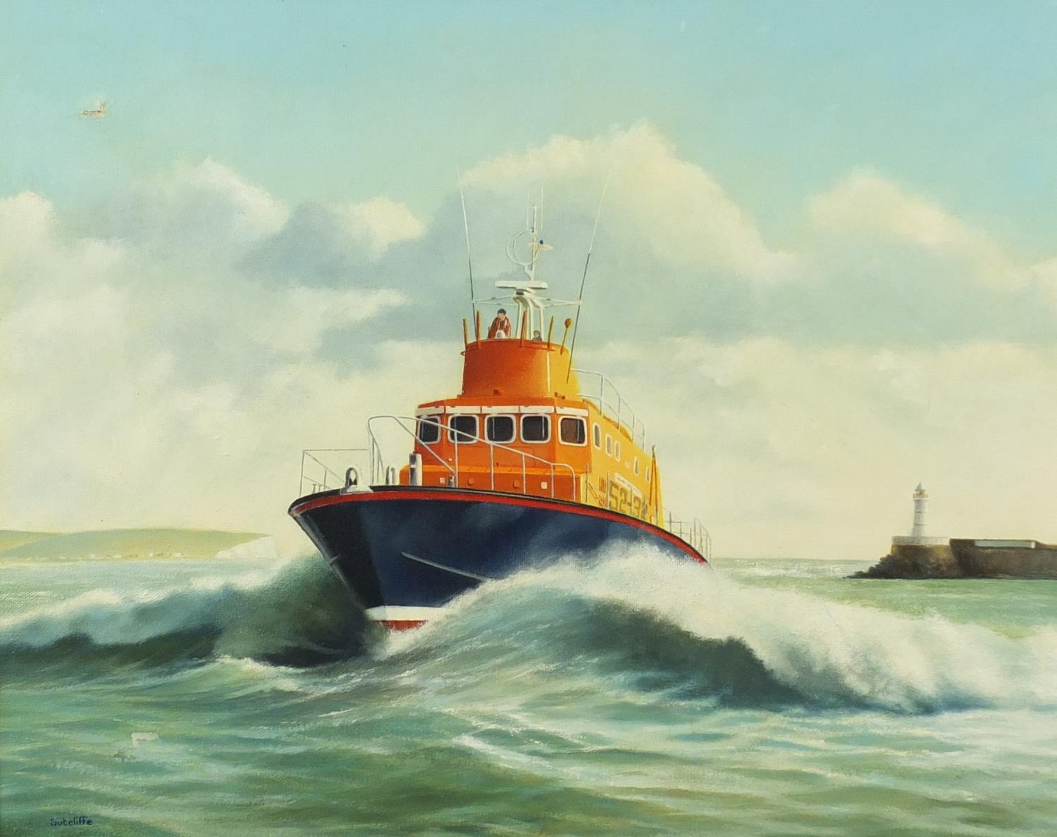 Sutcliffe - Newhaven Harbour and lifeboat, two oil on canvases, framed, the largest 75cm x 49cm : - Image 2 of 9