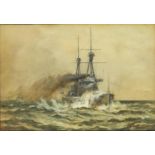 A Chadwick - Battleships in water, heightened watercolour, mounted and framed, 25cm x 16.5cm : For