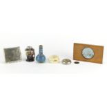 Objects including an American one hundred dollar design cigarette case, silver mounted Bavaria vase,