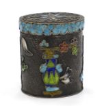 Chinese silver coloured metal and enamel pot and cover, impressed marks to the base, 4.8cm high :