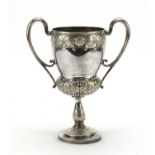 Large silver plated twin handled trophy engraved and embossed with flowers, 27cm high : For