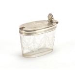 Victorian silver mounted glass mustard, etched with flowers, 5.5cm high : For Further Condition