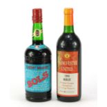 Two bottles of alcohol comprising Bols cherry brandy and 1994 Manchester United Premier League