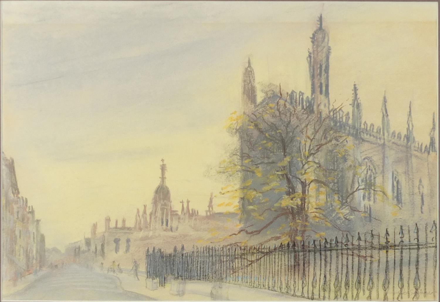 Kings College Cambridge, mixed media, bearing an indistinct signature, mounted and framed, 43.5cm