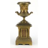 Ornate gilt brass campana urn on stand, 30cm high : For Further Condition Reports Please Visit Our