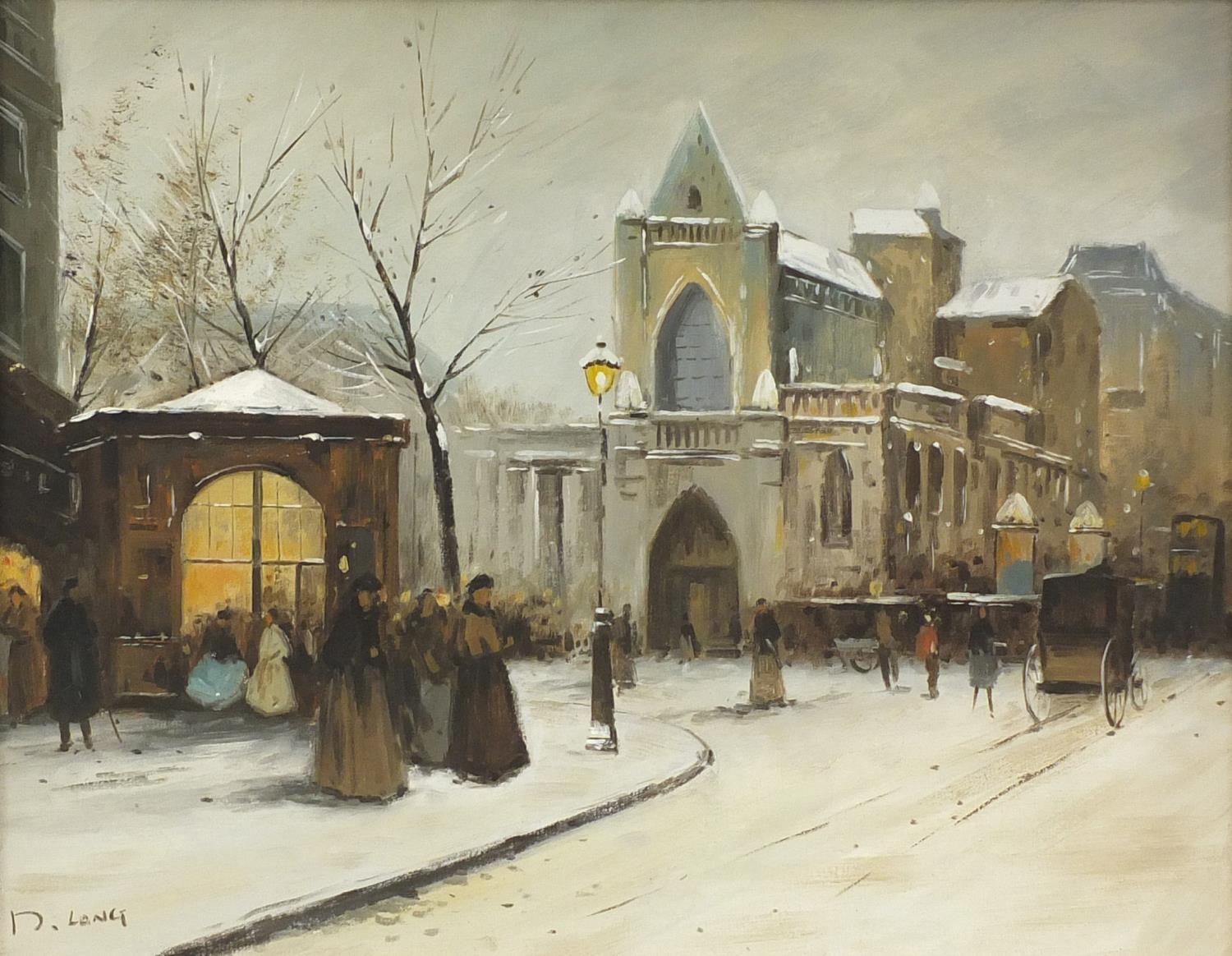 D. Long - Victorian snowy street scene, oil onto canvas, framed, 50cm x 40cm : For Further Condition