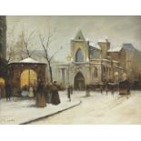 D. Long - Victorian snowy street scene, oil onto canvas, framed, 50cm x 40cm : For Further Condition