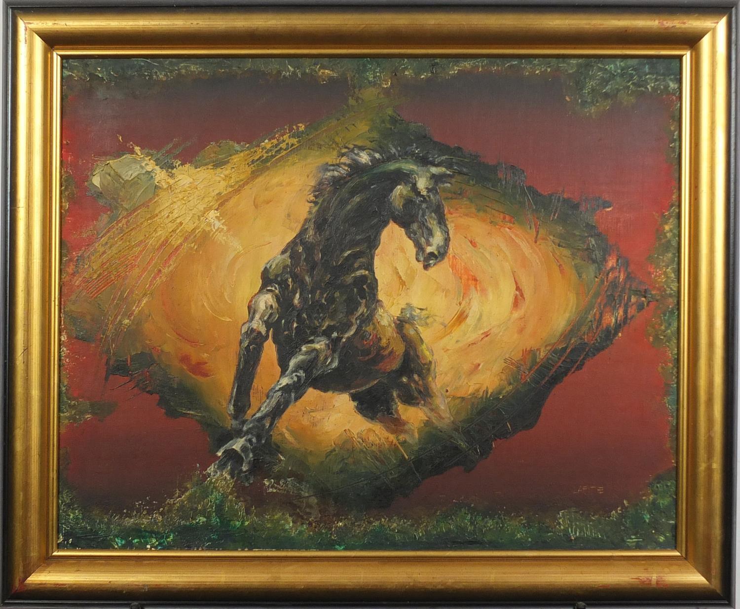 Abstract horses, two oil on boards, bearing a signature Lafitte, each framed, the largest 55cm x - Image 3 of 9