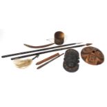 Tribal interest items including spears, wall masks, animalskin drum and boomerang : For Further
