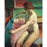 Nude female seated on a bed, oil onto canvas bearing a signature E De La Villeon, framed, 64cm x
