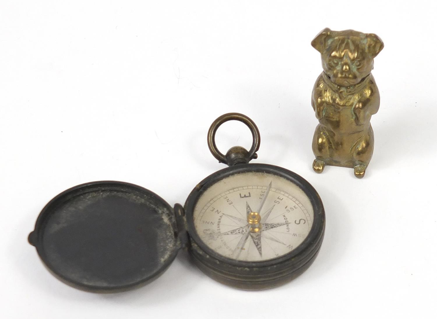 Novelty brass dog design vesta and a Negretti and Zambra compass : For Further Condition Reports