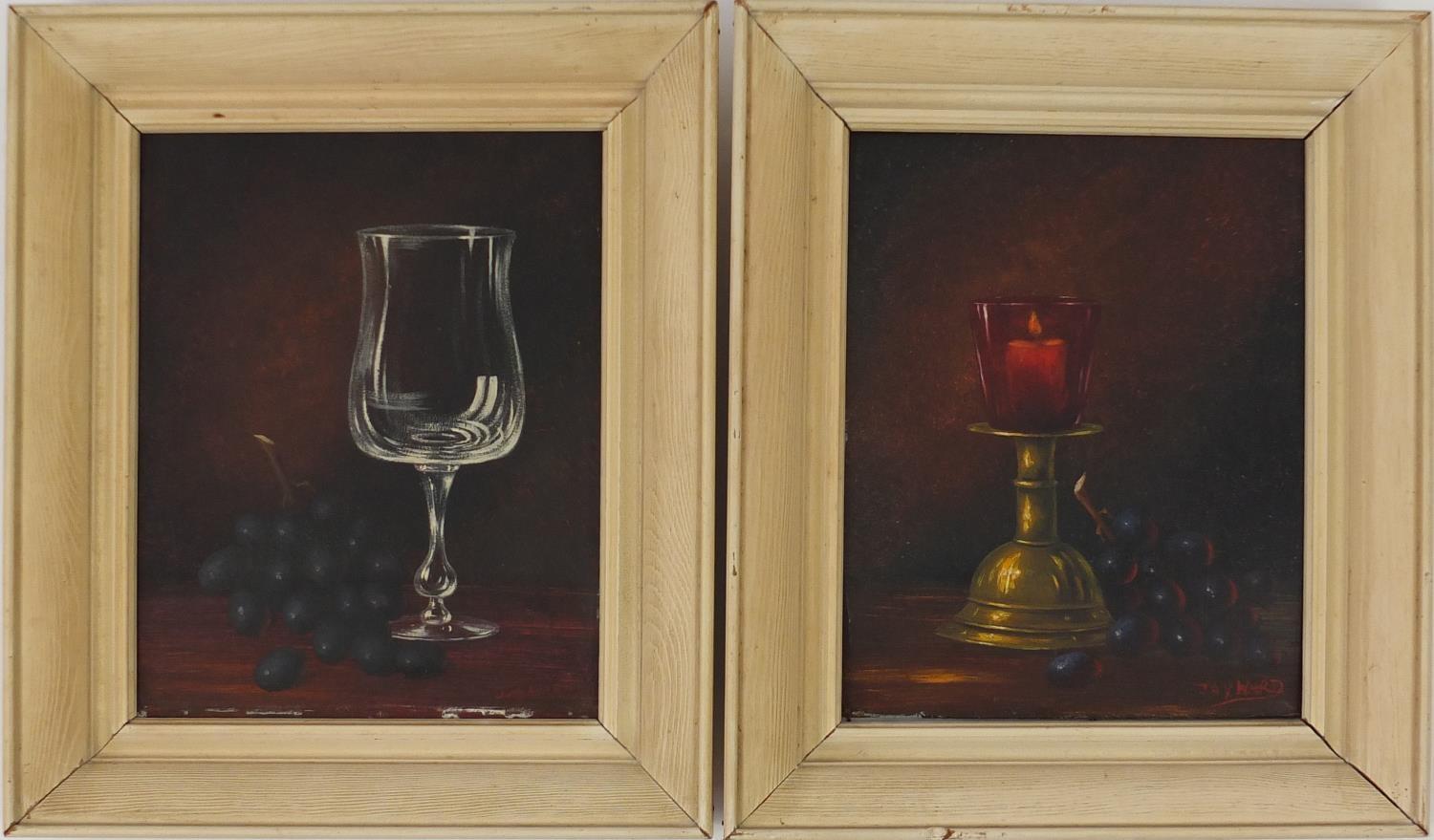 Jay Ward - Still life items and fruit, pair of oil on boards, framed, 25cm x 20cm : For Further