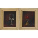 Jay Ward - Still life items and fruit, pair of oil on boards, framed, 25cm x 20cm : For Further